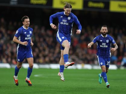 Dimitrios Goutas of Cardiff City celebrating a goal.