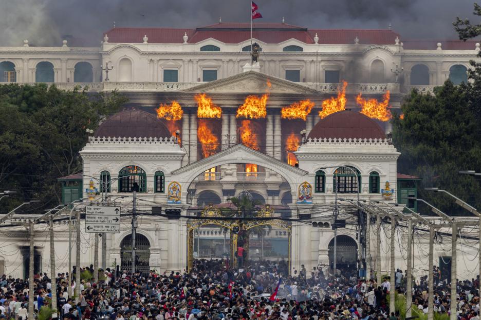 Singha Durbar palace in flames during a protest in Kathmandu, Nepal.