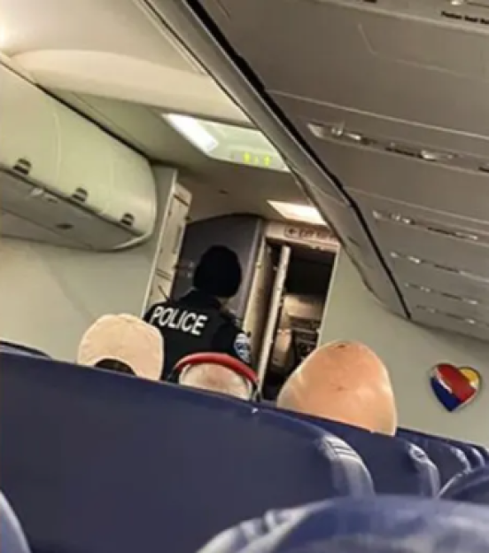 Police officer removing a Southwest Airlines pilot from a plane.