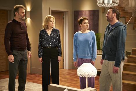 Still image from *Not Going Out* showing Toby, Anna, Lucy, and Lee.