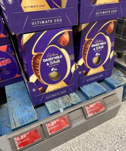 Cadbury Dairy Milk & White Marble Ultimate Easter eggs on display at Aldi, priced at £0.89.