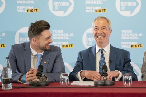 Nigel Farage and Alexander Jones at a Reform UK press conference.