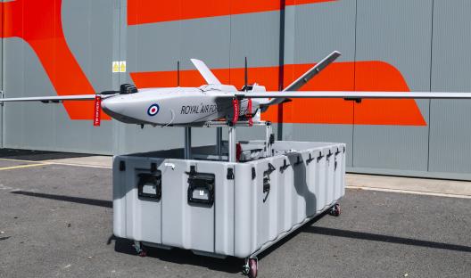 Royal Air Force StormShroud drone on a transport container.
