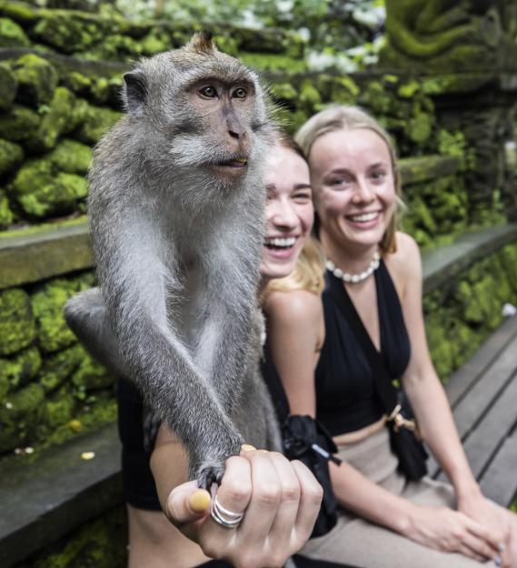 A monkey sits on a visitor's arm as two women pose for a photo in the Ubud Monkey Forest in Bali, Indonesia.