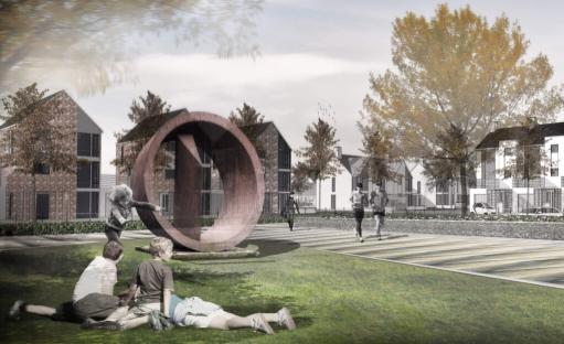Illustration of a new sustainable neighborhood with homes, a park, and children playing near a large circular sculpture.