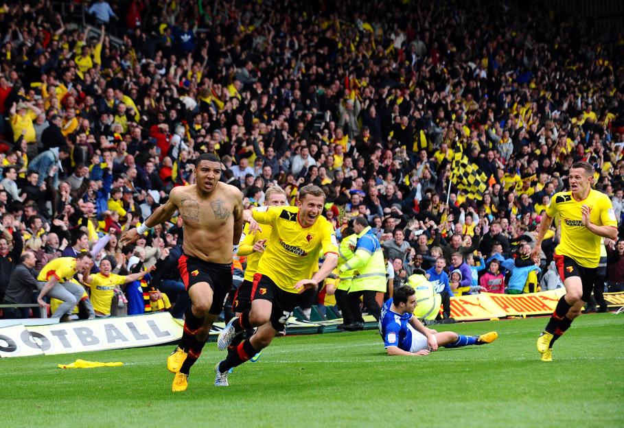 Watford players celebrating on the field with fans cheering in the background.