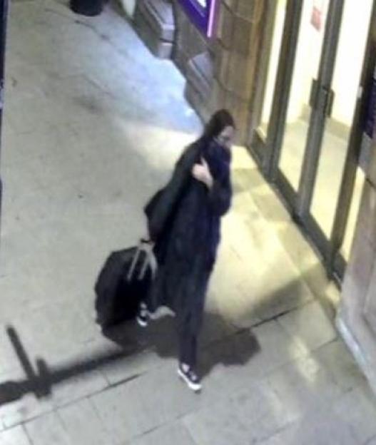Collage of two surveillance images showing a woman with dark hair pulling a black rolling suitcase.
