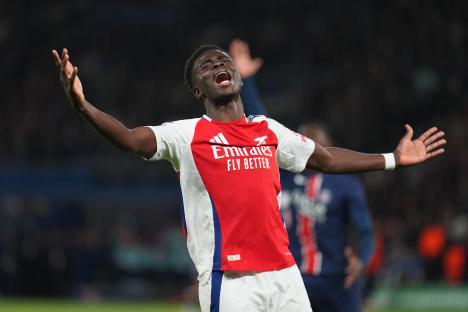 Bukayo Saka of Arsenal reacts after a missed chance.