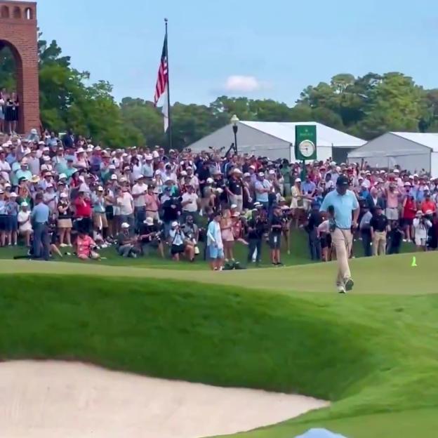 Golfer walking on the green during a PGA FedEx Cup tournament with spectators in the background.