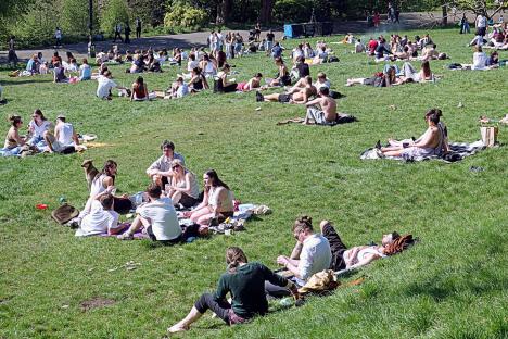 People relaxing on a sunny day in a park.
