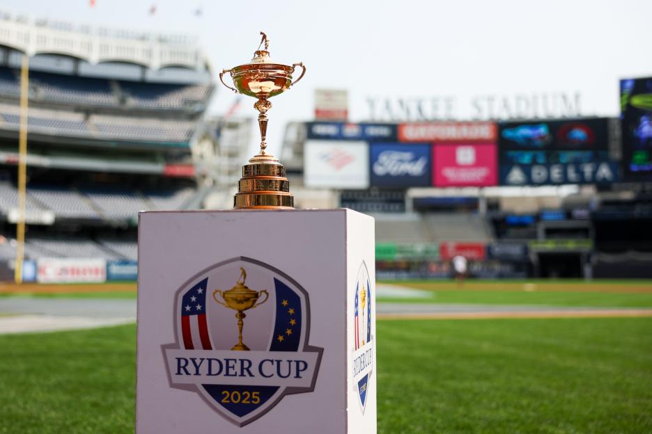 Ryder Cup trophy on a stand at Yankee Stadium.