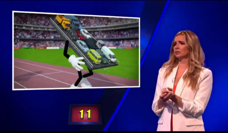 Illustration of a stick figure carrying cars on a track, with a woman in a white blazer.
