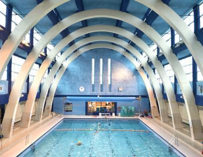 Interior view of Mounts Baths Northampton, an Art Deco swimming pool.