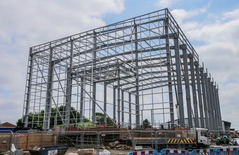 Steel frame of a warehouse under construction.