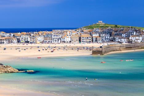 Aerial view of Porthminster Beach in St Ives, Cornwall.