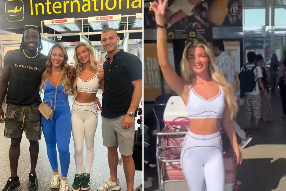 An image collage containing 2 images, Image 1 shows Four people posing for a photo at an airport in London, Image 2 shows Woman in white athletic wear waves at the airport