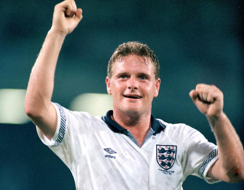 Paul Gascoigne celebrates for England during the 1990 FIFA World Cup.