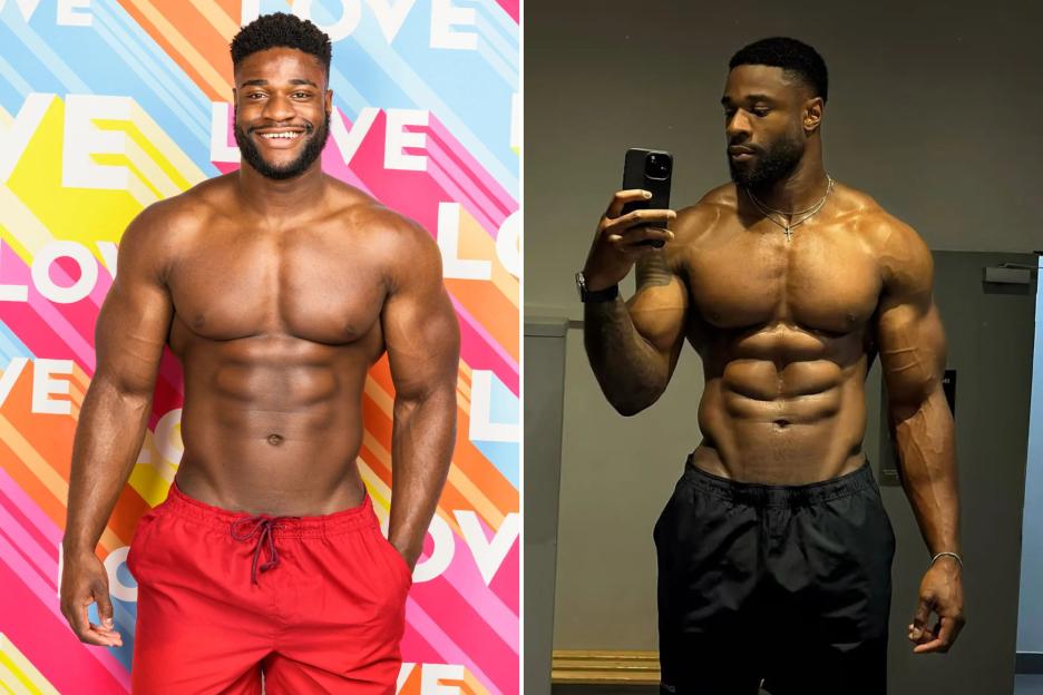 An image collage containing 2 images, Image 1 shows Ched Uzor, Love Island contestant, Image 2 shows Muscular man taking a selfie in a gym locker room