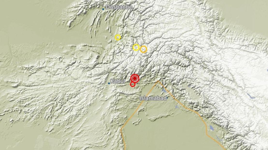 Map of Afghanistan showing earthquake epicenters near Kabul.