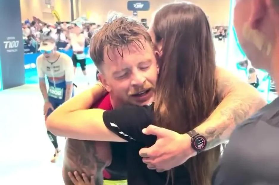 Moment shattered Adam Peaty hugs fiancee Holly and laughing Gordon Ramsay after first triathlon