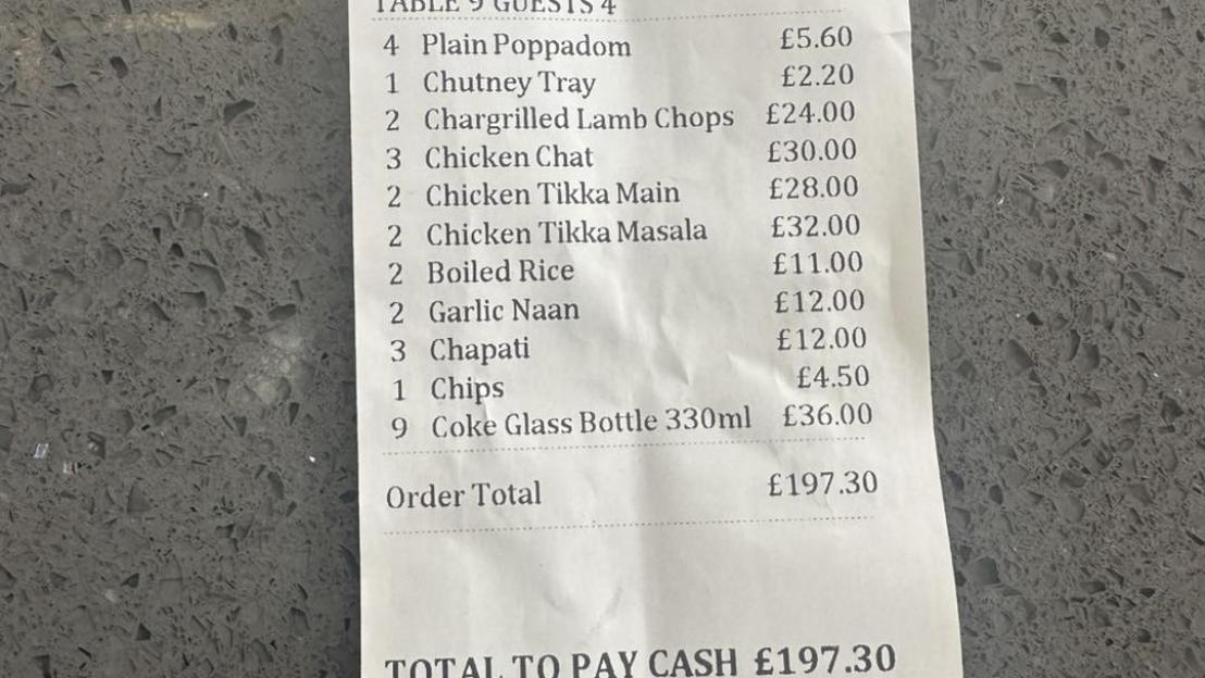 Restaurant bill totaling £197.30.