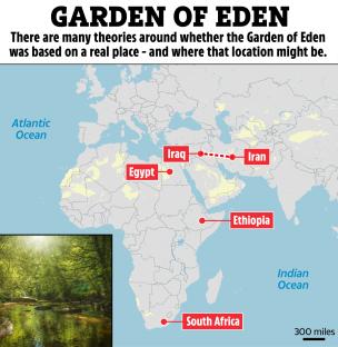 Map showing possible locations of the Garden of Eden, including Iraq, Iran, Egypt, Ethiopia, and South Africa.
