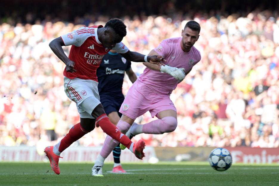 Bukayo Saka of Arsenal scoring a goal.