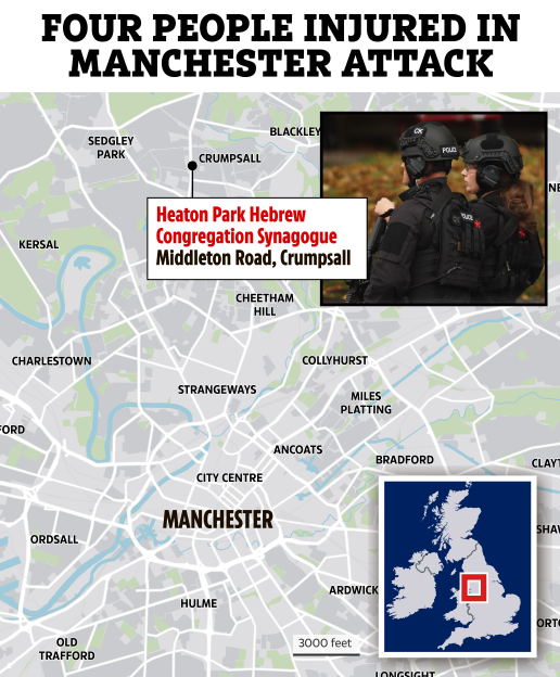 Illustration of a map of Manchester indicating the Heaton Park Hebrew Congregation Synagogue, with an inset of the UK map, and a photograph of two police officers.