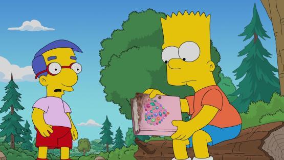 Illustration of Bart Simpson and Milhouse Van Houten in a forest; Bart is holding a diary.