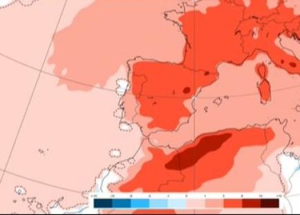 Map of Europe showing temperature anomalies, with Spain experiencing high temperatures.