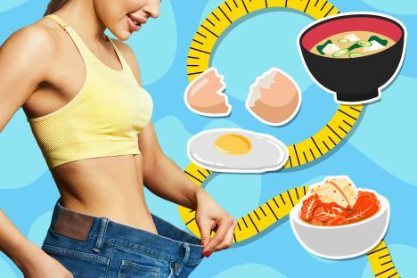 Illustration of a woman in loose jeans with a measuring tape and illustrations of eggs, miso soup, and kimchi.