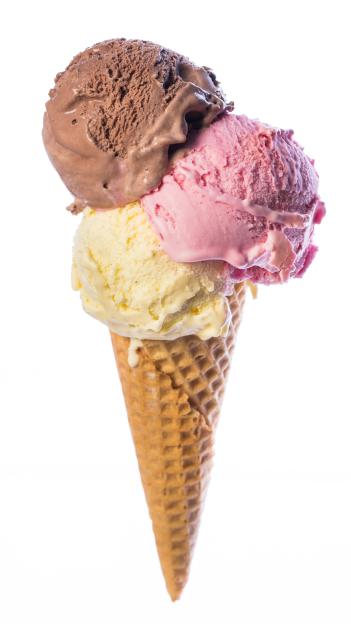 Ice cream cone with chocolate, strawberry, and vanilla scoops.
