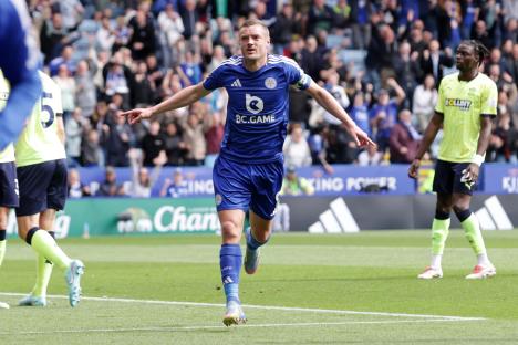 Jamie Vardy of Leicester City celebrating a goal.