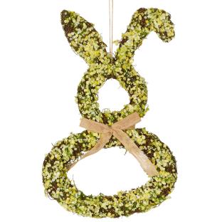 Easter bunny wreath with yellow flowers.