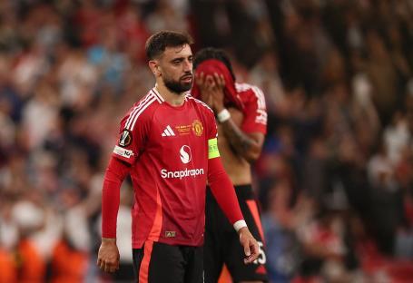 Bruno Fernandes of Manchester United looking dejected after a soccer match.