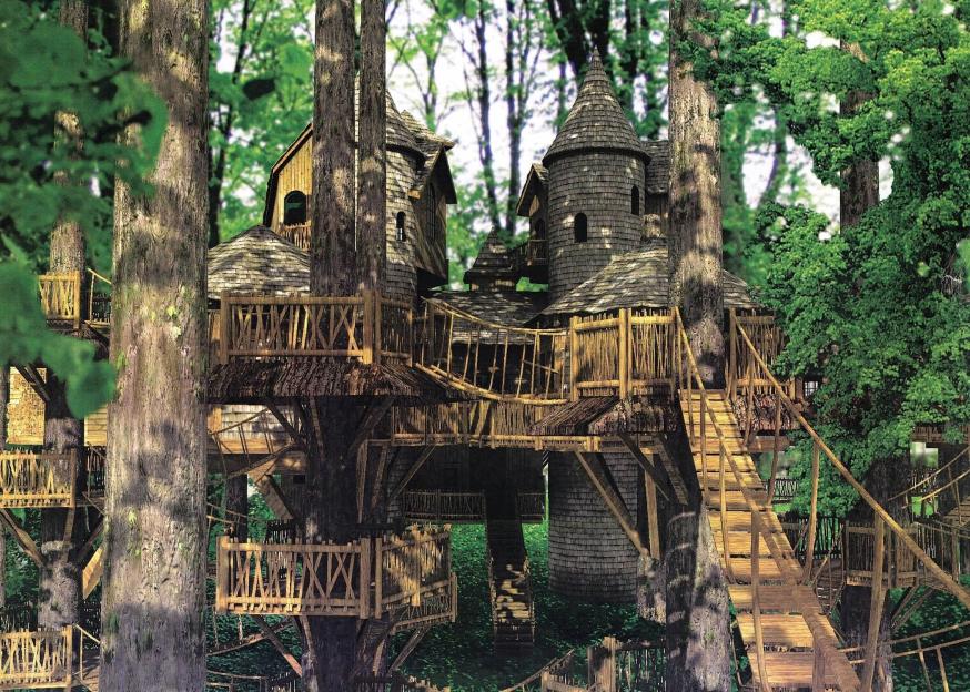An artist's drawing of what will be one of the largest tree houses in the world, which is under construction at The Alnwick Garden in Northumberland. Described by the Duchess of Northumberland as more of a 'tree village', the £3.3 million structure, which will soar to 56 feet and be able to hold 300 people at any time, will be the largest of its kind in Britain. Due for completion in July 2004, the complex of of hobbit-like buildings will be built using natural materials from sustainable sources such as Canadian Cedar, Scandinavian Redwood and English and Scots pine. PA Photo: Citigate Dewe Rogerson / Handout.