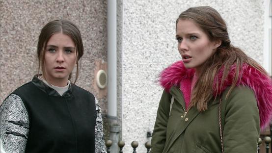 Sophie and Rosie Webster from Coronation Street looking shocked.