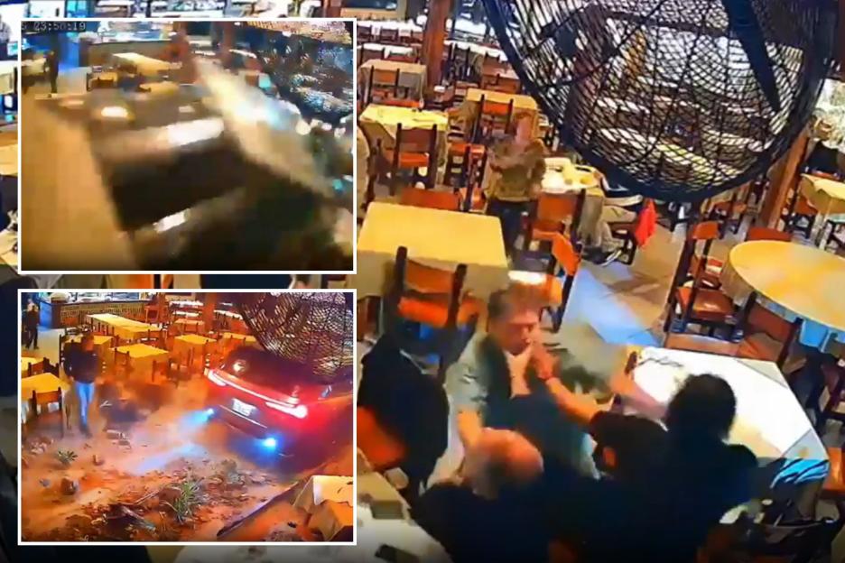 Horror moment drunk diner smashes his SUV through a wall into restaurant & ploughs into diners after huge brawl
