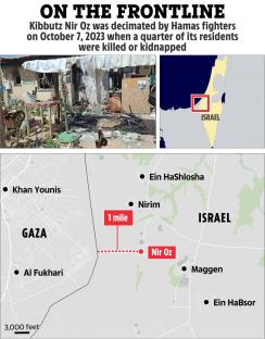 Map showing the location of Kibbutz Nir Oz and damage to the area.