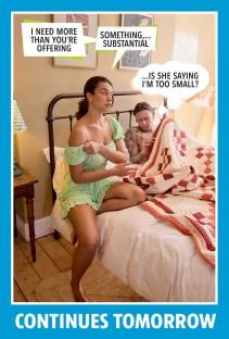 Illustration of a couple in bed, with speech bubbles indicating a disagreement about the man's size.