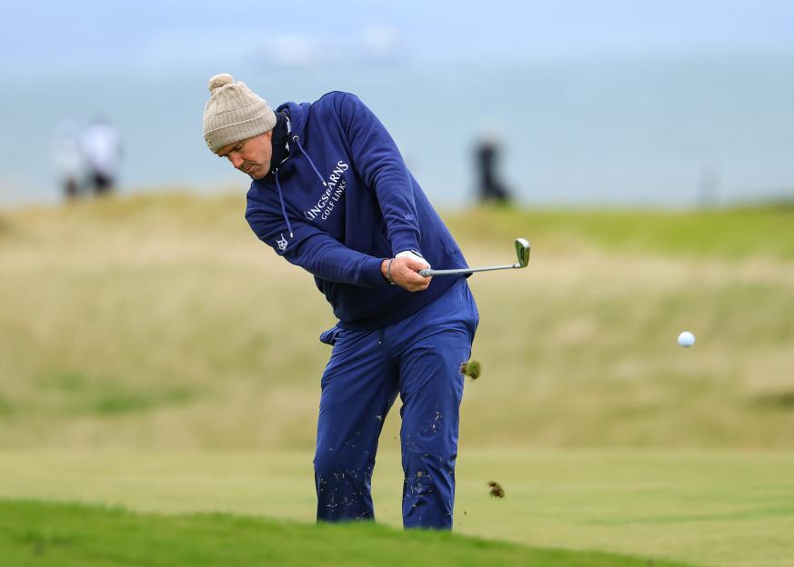 Kevin Pietersen playing his second shot on the 18th hole at Kingsbarns Golf Club.