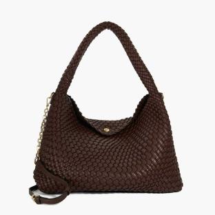 Brown woven hobo bag with a chain strap.