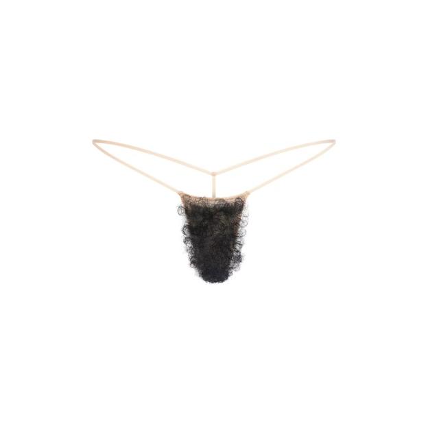 Faux fur pubic hair thong.
