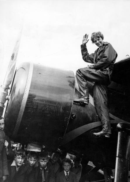 Amelia Earhart waves from her plane in Londonderry, Northern Ireland.