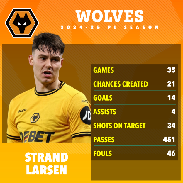 Strand Larsen's 2024-25 Wolves season statistics.