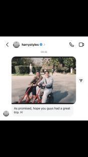 Screenshot of Harry Styles's direct message showing a photo of two people on a surrey bike in Rome.