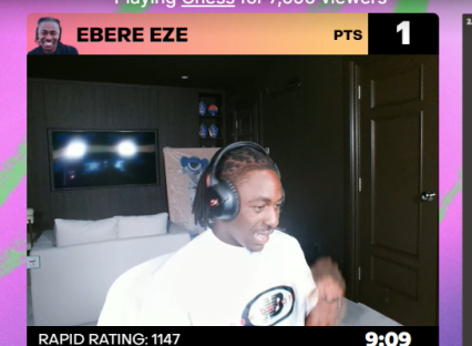Ebere Eze playing chess; 1 point; rapid rating 1147.