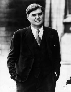 Black and white photo of Aneurin Bevan, post-WWII British Minister of Health.