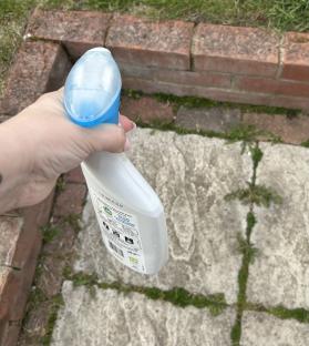Hand spraying weed killer on a stone patio.