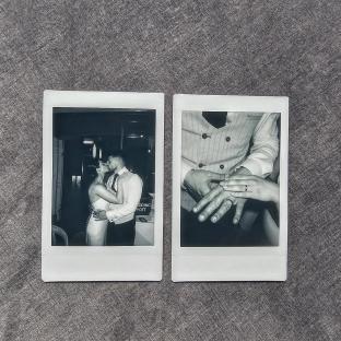 Two black and white Polaroid photos: a couple kissing and a close-up of hands exchanging rings.